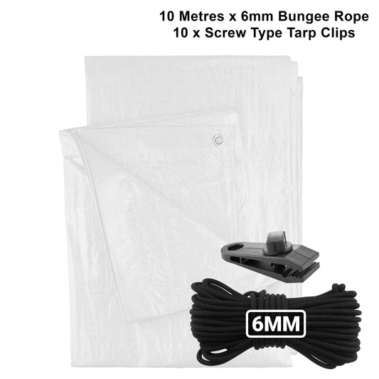 White M-Grade Tarpaulin with 10m of 6mm Bungee Rope and 10 x Screw Type Tarp Clips