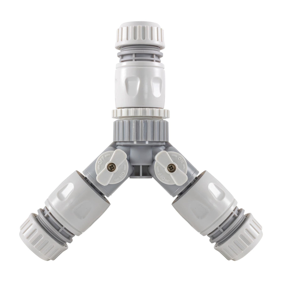 2-Way Tap Connector with 3 x Quick Connect Outlets and 3 x Standard 1/2" Hose Connectors (Grey/White)
