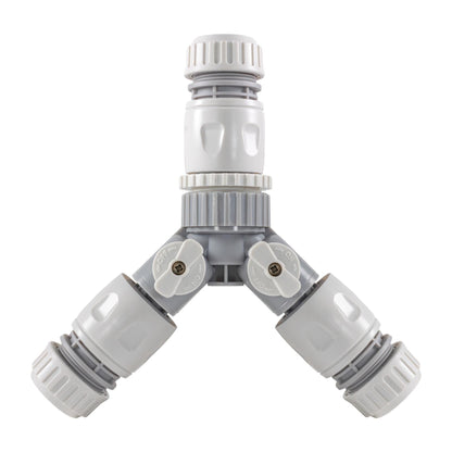 2-Way Tap Connector with 3 x Quick Connect Outlets and 3 x Standard 1/2" Hose Connectors (Grey/White)