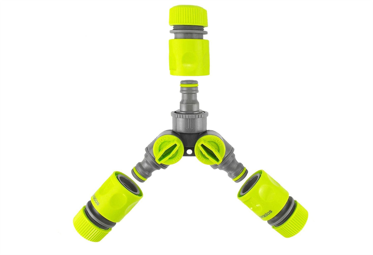 2-Way Tap Connector with 3 x Quick Connect Outlets and 3 x Standard 1/2" Hose Connectors (Lime)
