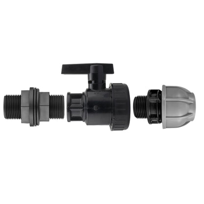 ¾” BSP Water Butt Fitting with Full Flow PP Valve and 25mm MDPE Fitting