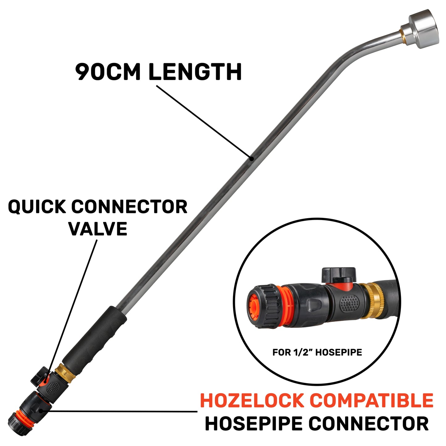 90cm Garden Watering Lance with Quick Connect Valve (Black) and Hose Connector