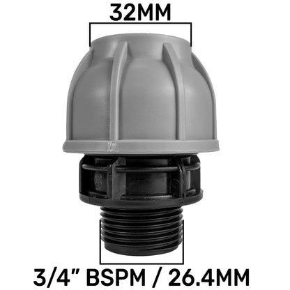 ¾” BSP Water Butt Fitting with Full Flow PP Valve and 32mm MDPE Fitting