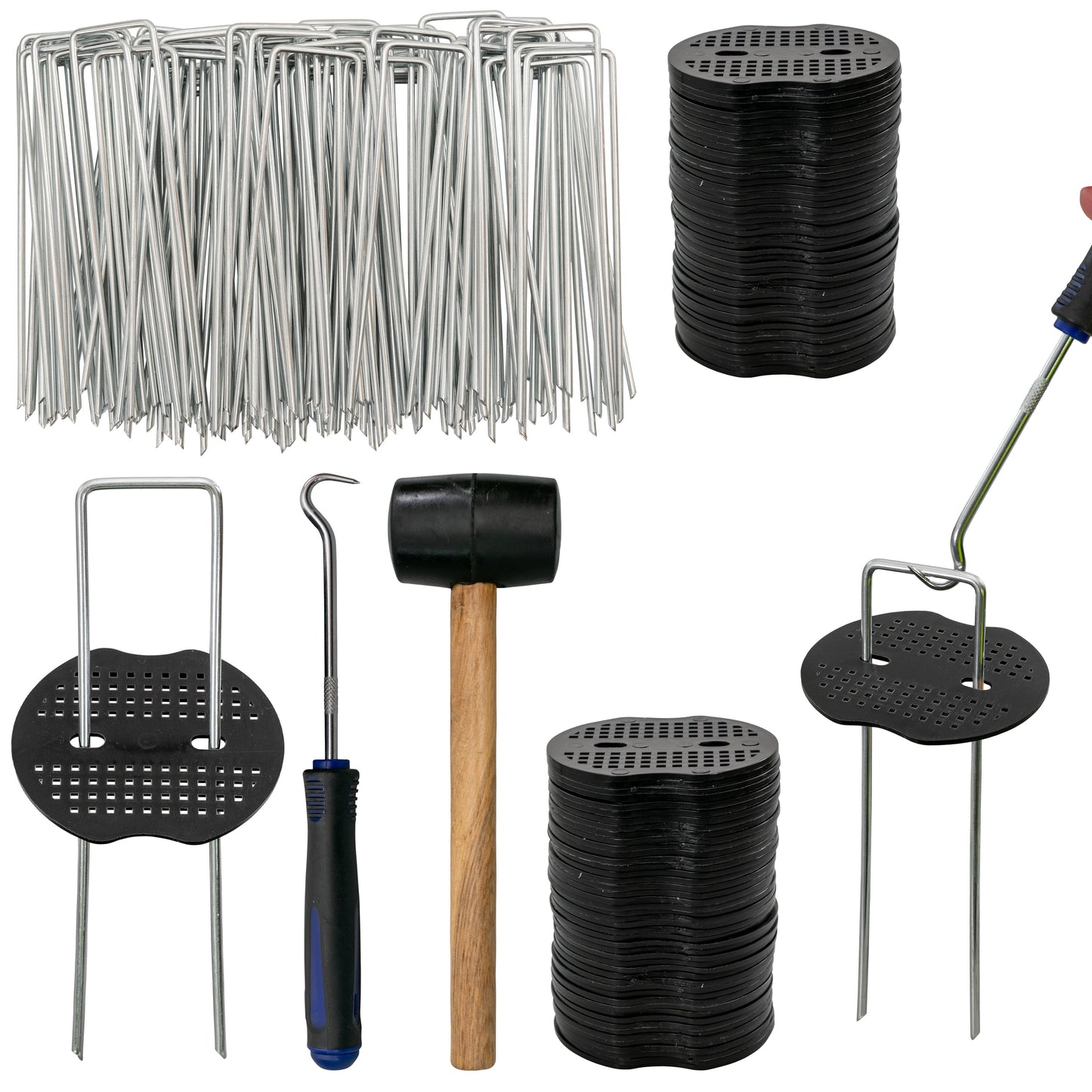 Weed Control Membrane Pegs Buffer Washer Set Blue with Rubber Mallet