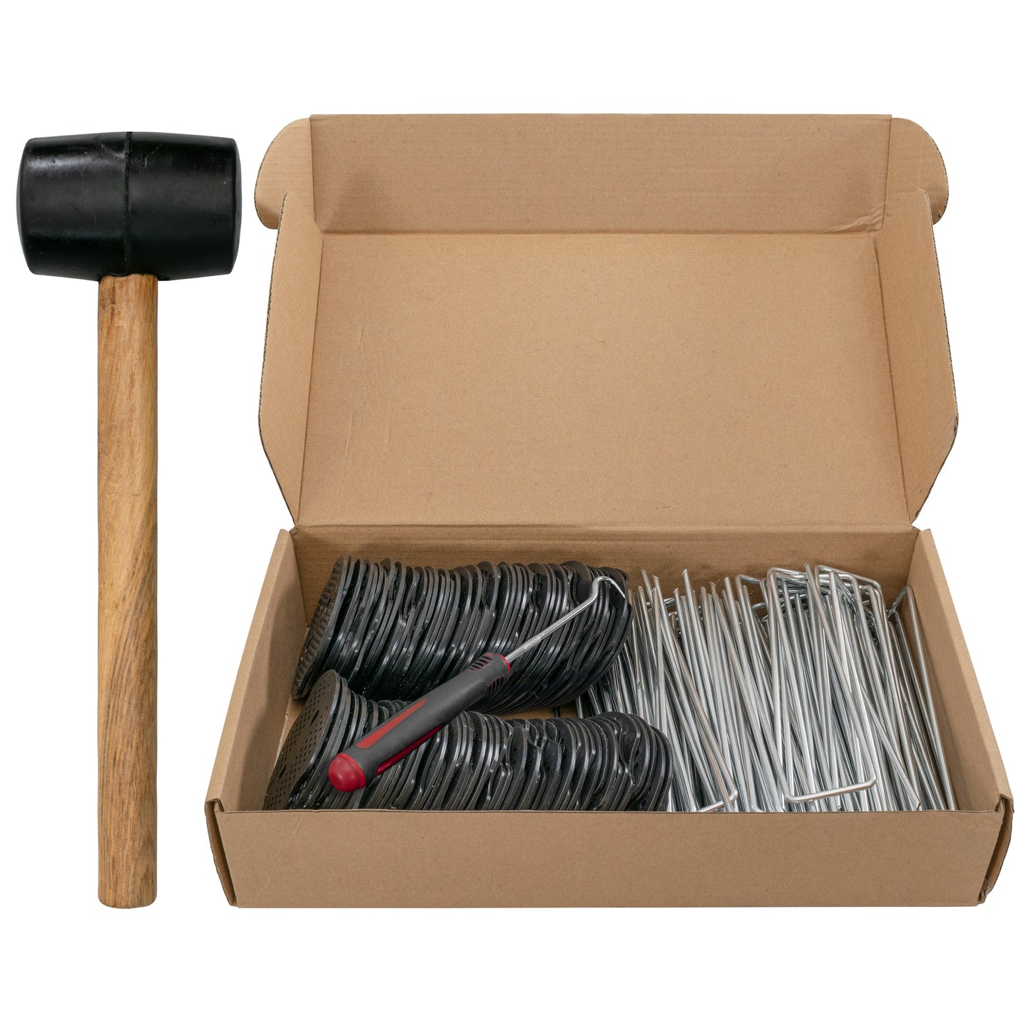 Weed Control Membrane Pegs Buffer Washer Set Red with Rubber Mallet