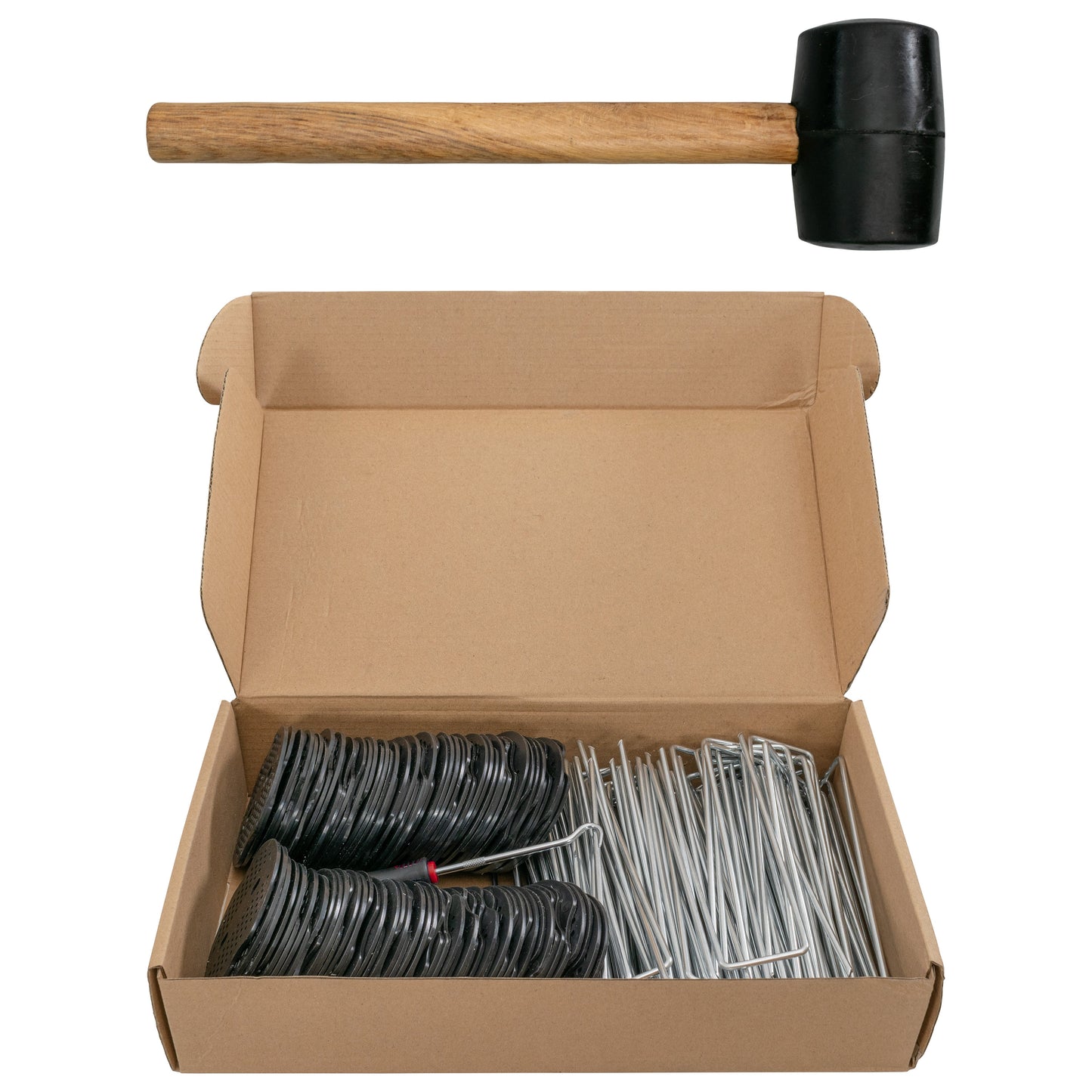 Weed Control Membrane Pegs Buffer Washer Set Red with Rubber Mallet