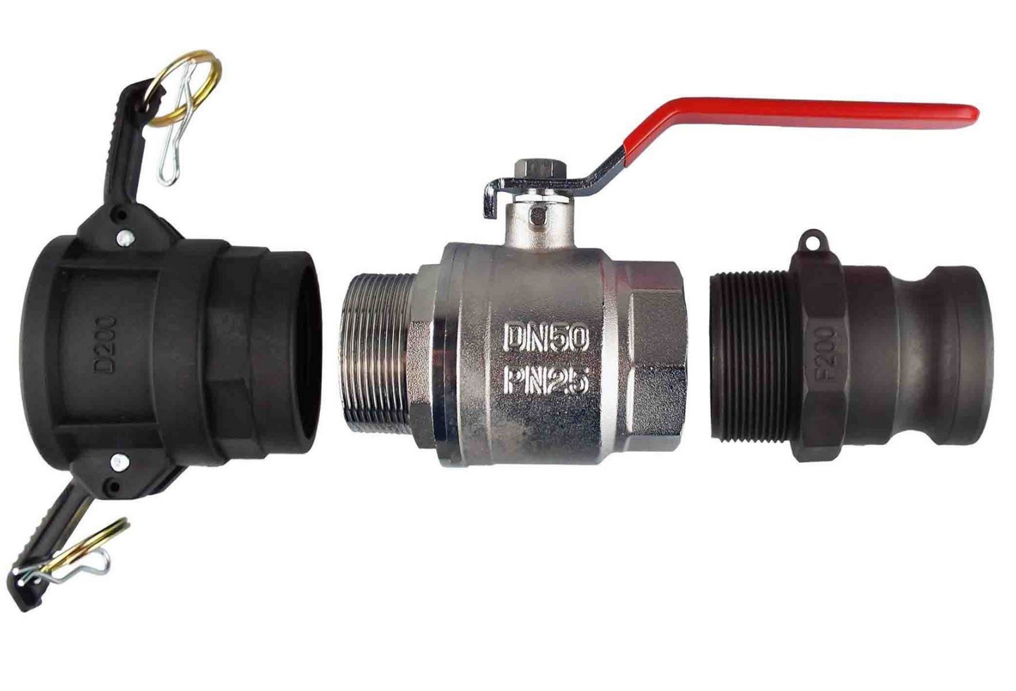 Ball Valve Lever 1.25" BSPM-F with Camlock Type D and F Connectors Kit