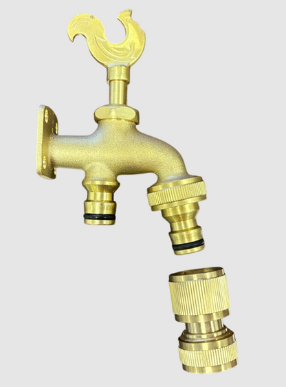 Brass Bib Tap Quick Connect and Hose Connector, Rooster Design