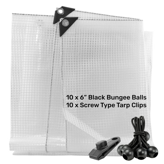 Clear M-Grade Tarpaulin with 10 x 6" Bungee Balls (Black) and 10 x Screw Type Tarp Clips