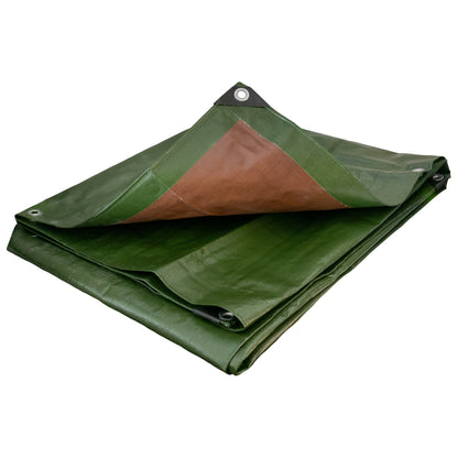 Green/Brown L-Grade Tarpaulin with 10m of 6mm Bungee Rope and 10 x Slide Type Tarp Clips