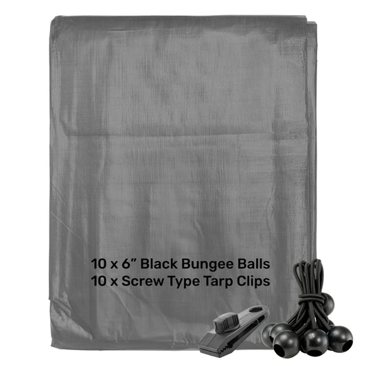 Grey L-Grade Tarpaulin with 10 x 6" Bungee Balls (Black) and 10 x Screw Type Tarp Clips