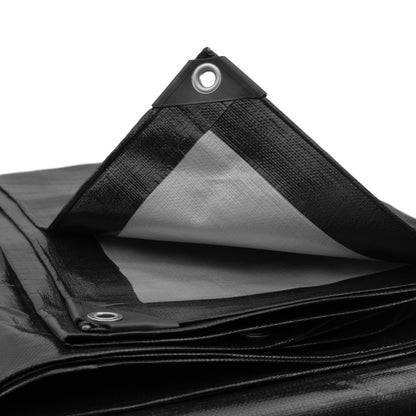 Black/Silver L-Grade Tarpaulin with 10 x 6" Bungee Balls (Black) and 10 x Screw Type Tarp Clips