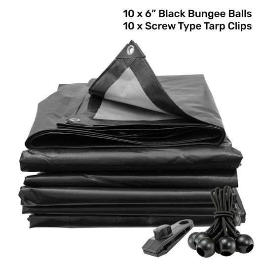 Black/Silver L-Grade Tarpaulin with 10 x 6" Bungee Balls (Black) and 10 x Screw Type Tarp Clips