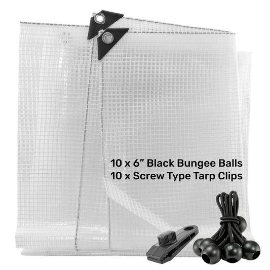 Clear XL-Grade Tarpaulin with 10 x 6" Bungee Balls (Black) and 10 x Screw Type Tarp Clips