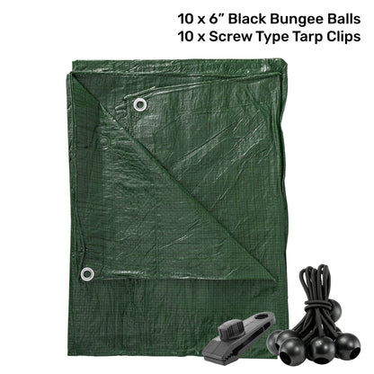 Green S-Grade Tarpaulin with 10 x 6" Bungee Balls (Black) and 10 x Screw Type Tarp Clips