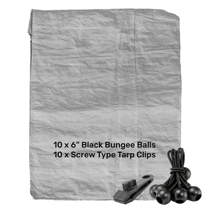 Grey S-Grade Tarpaulin with 10 x 6" Bungee Balls (Black) and 10 x Screw Type Tarp Clips