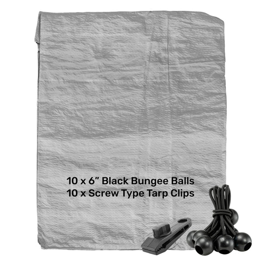 Grey S-Grade Tarpaulin with 10 x 6" Bungee Balls (Black) and 10 x Screw Type Tarp Clips