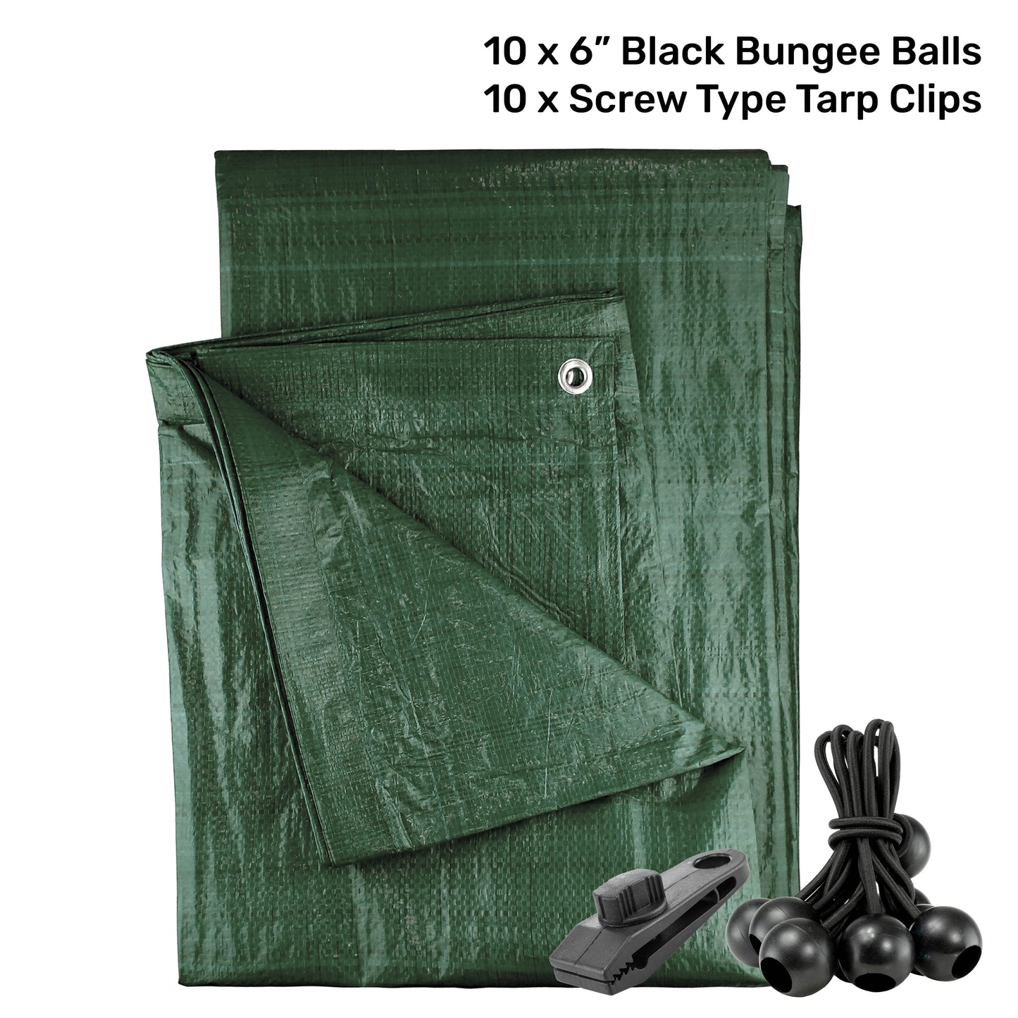 Green M-Grade Tarpaulin with 10 x 6" Bungee Balls (Black) and 10 x Screw Type Tarp Clips