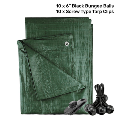 Green M-Grade Tarpaulin with 10 x 6" Bungee Balls (Black) and 10 x Screw Type Tarp Clips