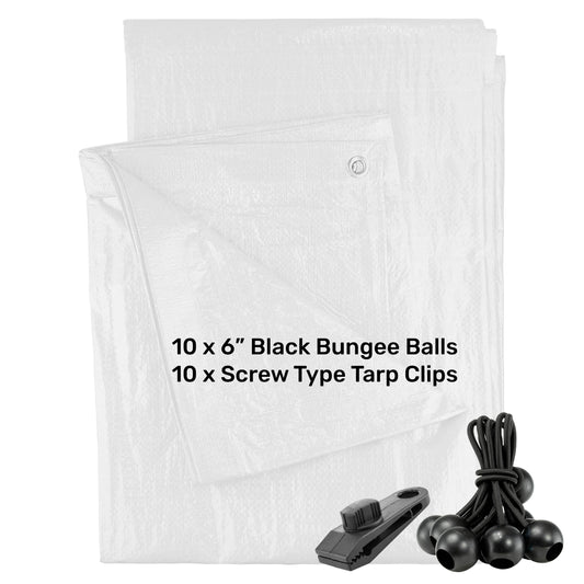 White M-Grade Tarpaulin with 10 x 6" Bungee Balls (Black) and 10 x Screw Type Tarp Clips
