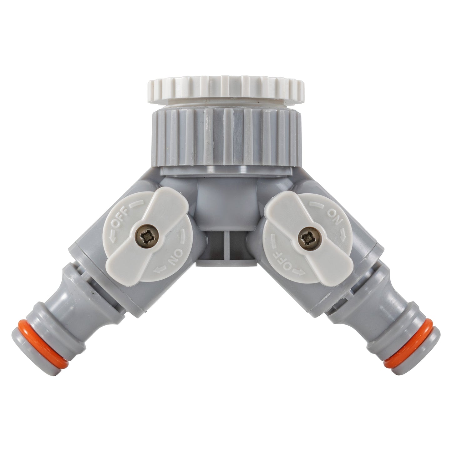 2-Way Tap Connector With Valves 1" or 3/4" BSP Female, Gray/White
