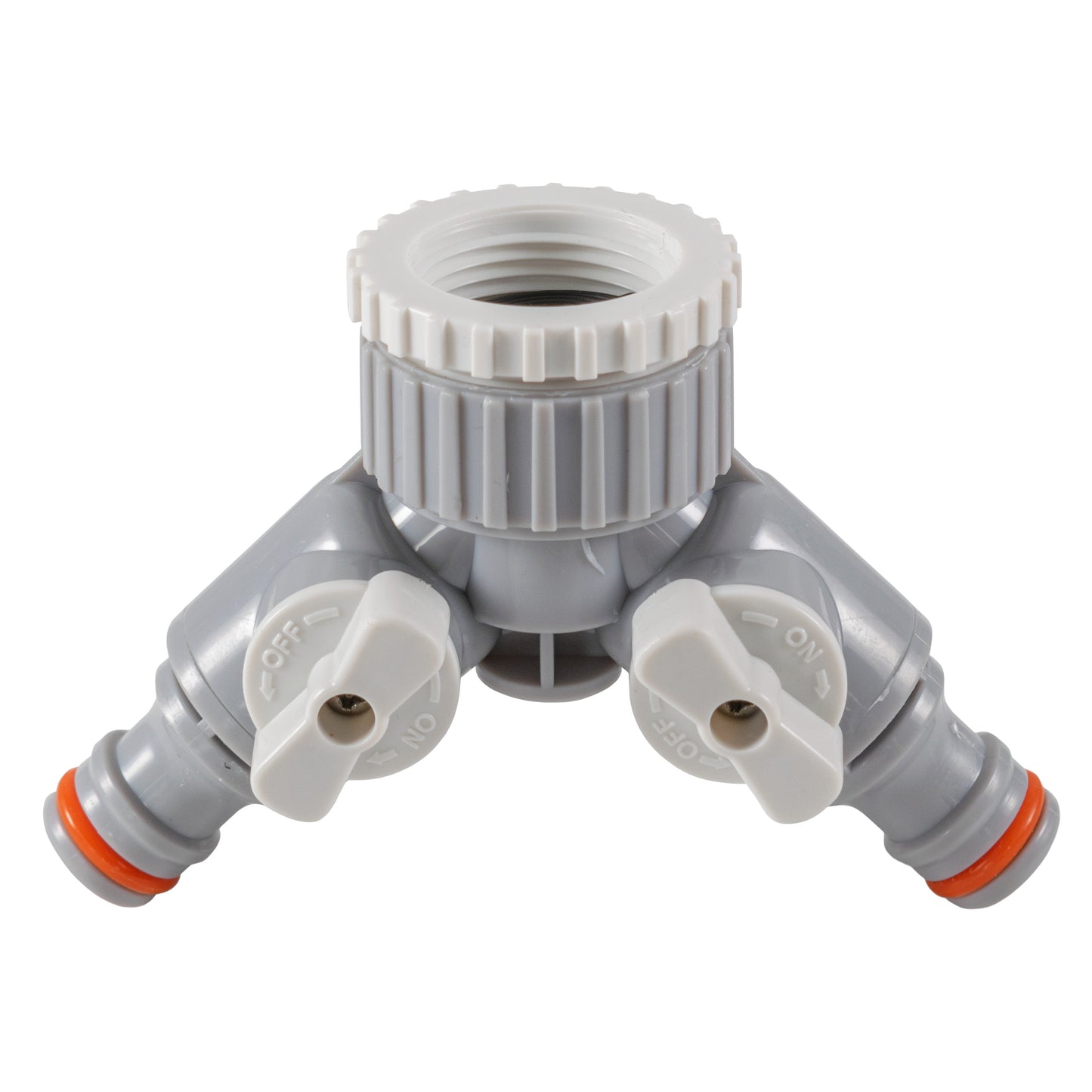 2-Way Tap Connector With Valves 1" or 3/4" BSP Female, Gray/White
