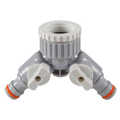 2-Way Tap Connector With Valves 1" or 3/4" BSP Female, Gray/White