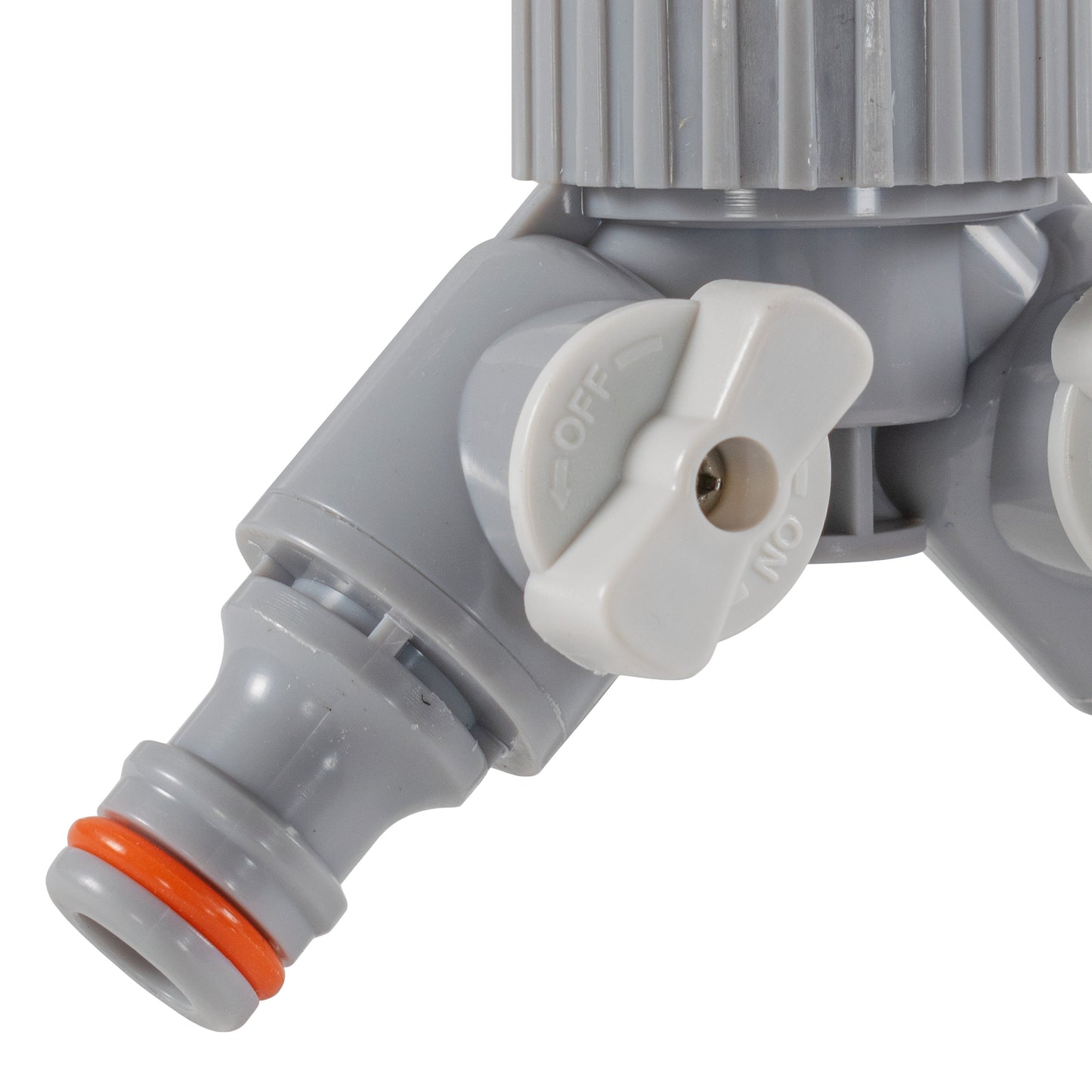 2-Way Tap Connector With Valves 1" or 3/4" BSP Female, Gray/White