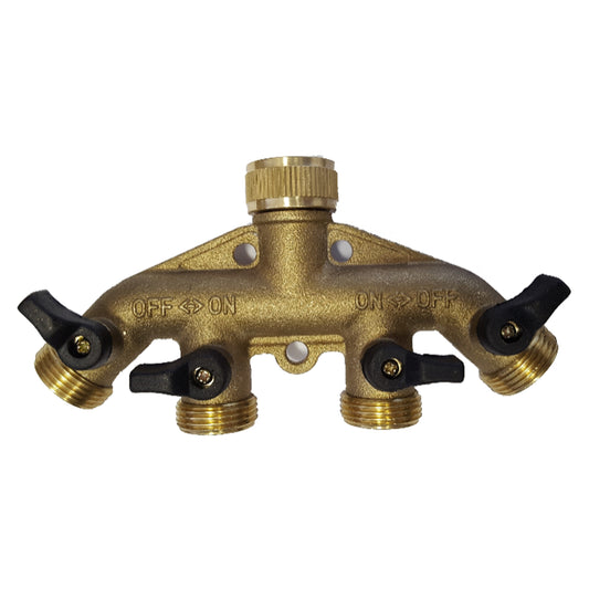 4-Way Manifold with Valves & Threaded Outlets Brass