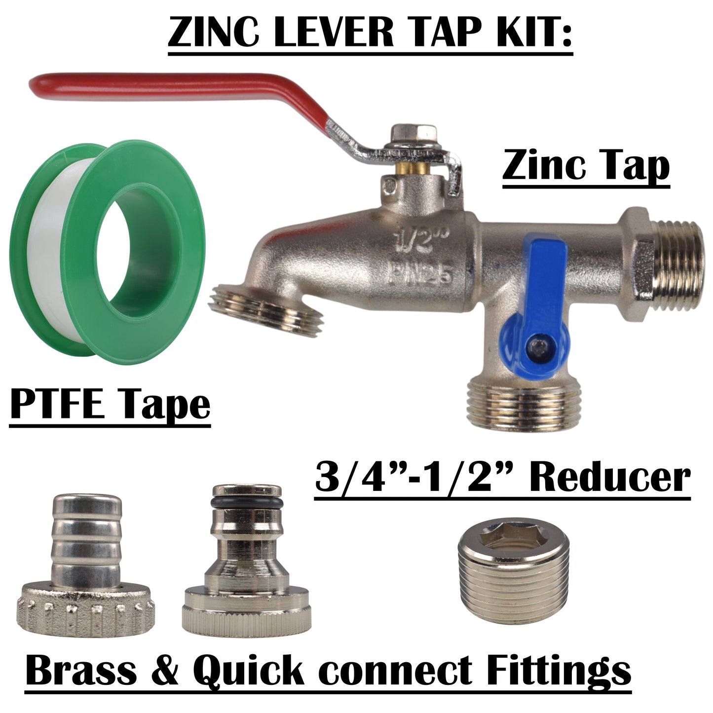 Double Lever Tap Kit with Barb/Quick Connect Outlet, 1/2" and 3/4" BSP Thread Inlet