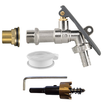 Water Butt Brass Kit 3/4" with Lever Tap Hose Barb and Lever Lock and Drill Bit