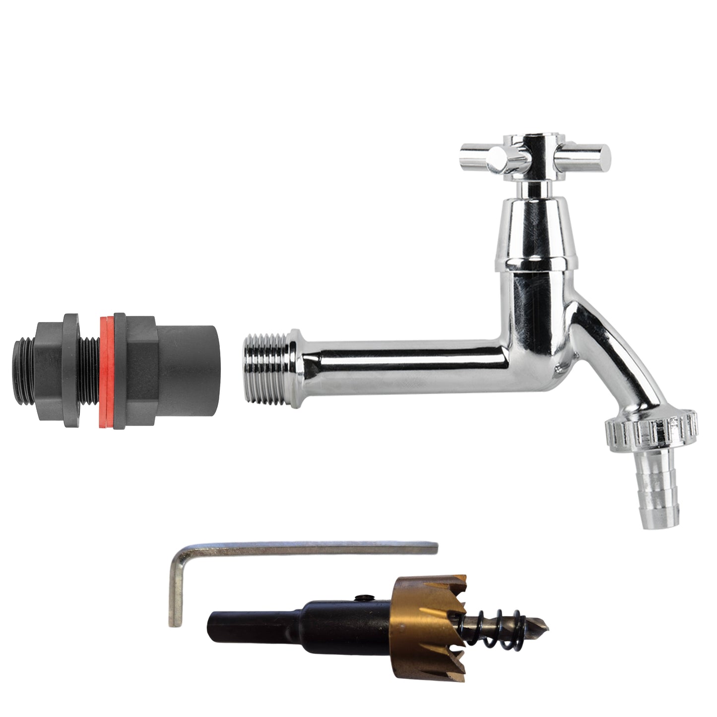 Water Butt Kit 1/2" with Extended Brass Chrome Tap ½” Barb and Drill Bit