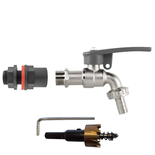 Water Butt Kit 1/2" with Lever Tap Hose Barb and Side Lock and Drill Bit