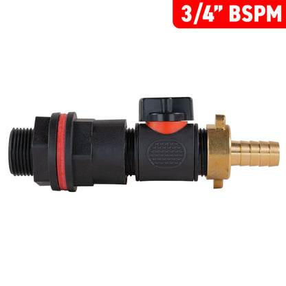 Water Butt Kit 3/4" with In-Line Valve + 13mm Brass Barb and Drill Bit