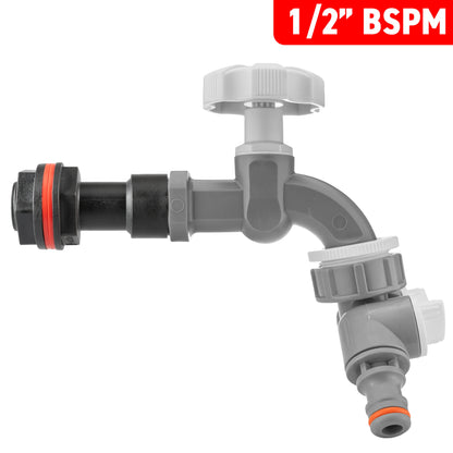 Water Butt Extension Kit 1/2" with Grey Dial Tap + Two-Way Splitter and Drill Bit