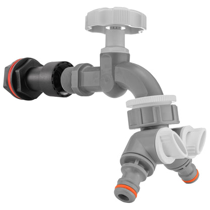 Water Butt Extension Kit 1/2" with Grey Dial Tap + Two-Way Splitter and Drill Bit