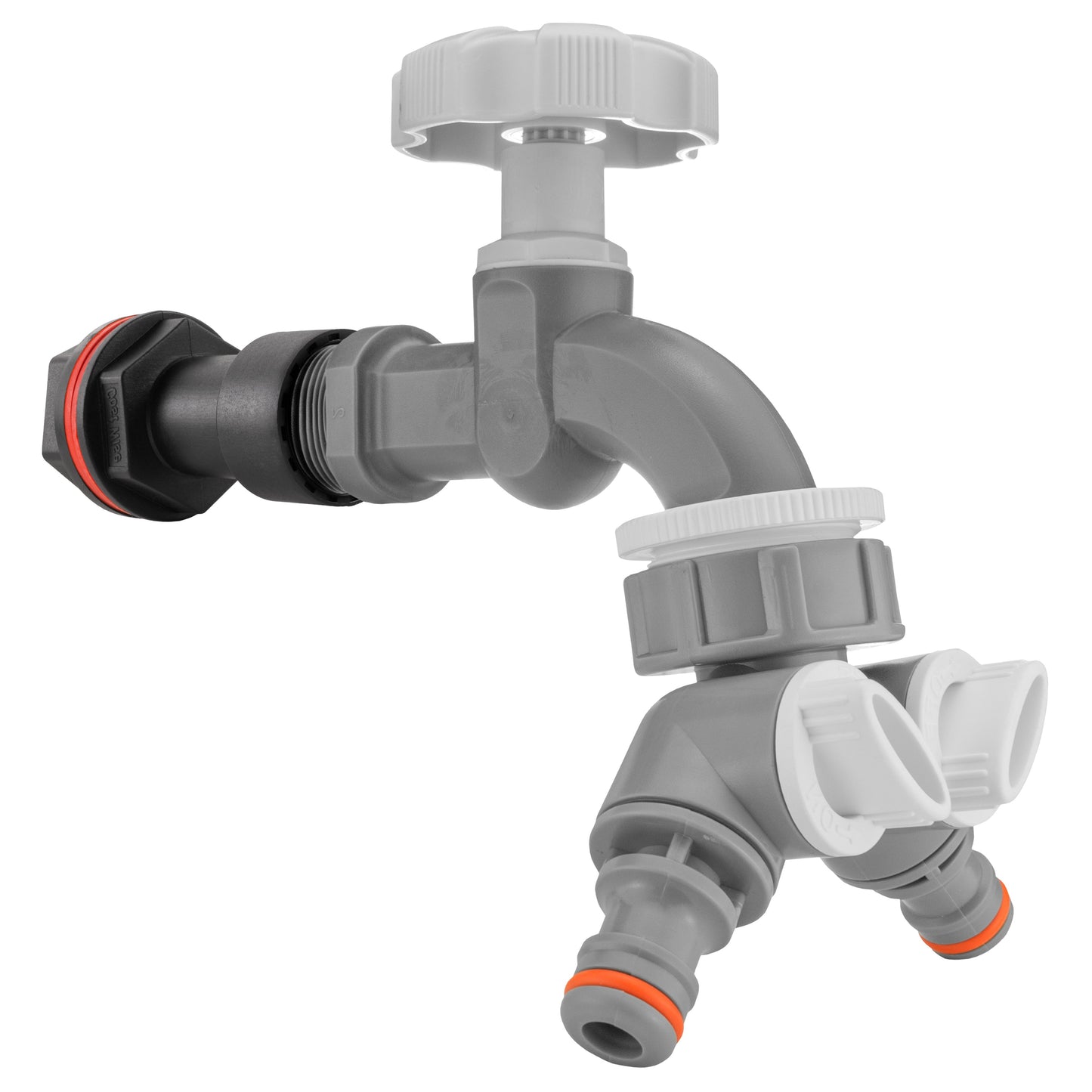 Water Butt Extension Kit 1/2" with Grey Dial Tap + Two-Way Splitter and Drill Bit