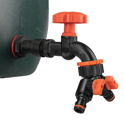 Water Butt Extension Kit 3/4" with Black Dial Tap + Two-Way Splitter and Drill Bit