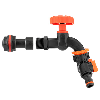 Water Butt Extension Kit 3/4" with Black Dial Tap + Two-Way Splitter and Drill Bit