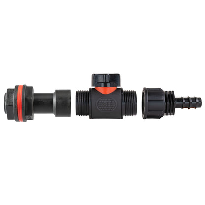 Water Butt Extension Kit 3/4" with In-Line Valve + 16mm Barb and Drill Bit