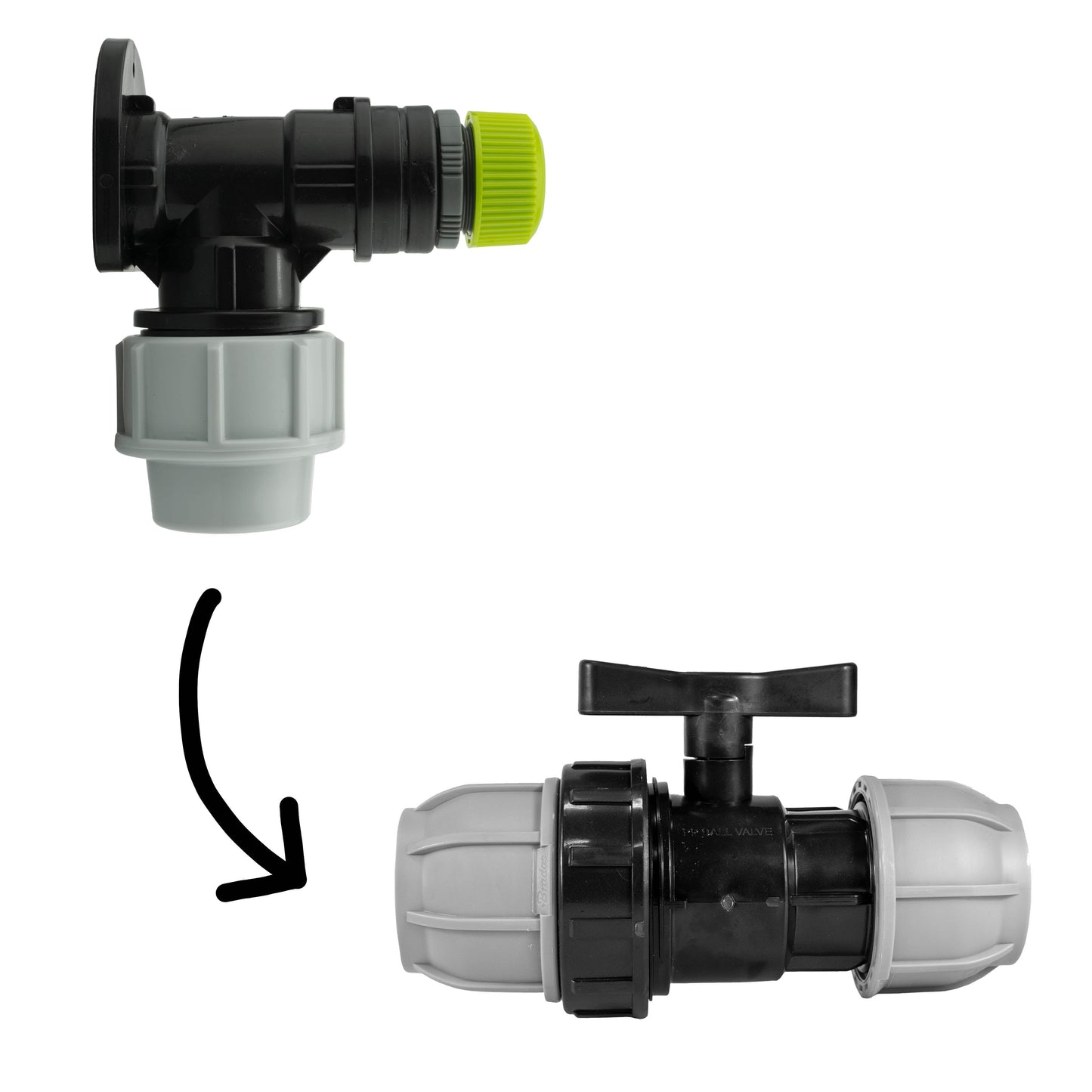 Wall Flange Kit 32mm MDPE + 32mm MDPE Valve + Direct Hose Connector