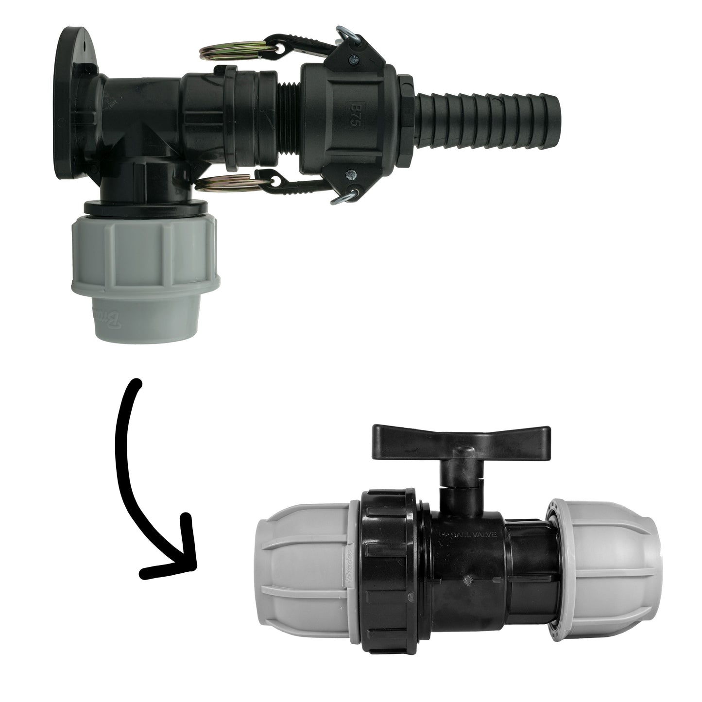 Wall Flange Kit 32mm MDPE + 32mm MDPE Valve + 3/4" Camlock Type B+E