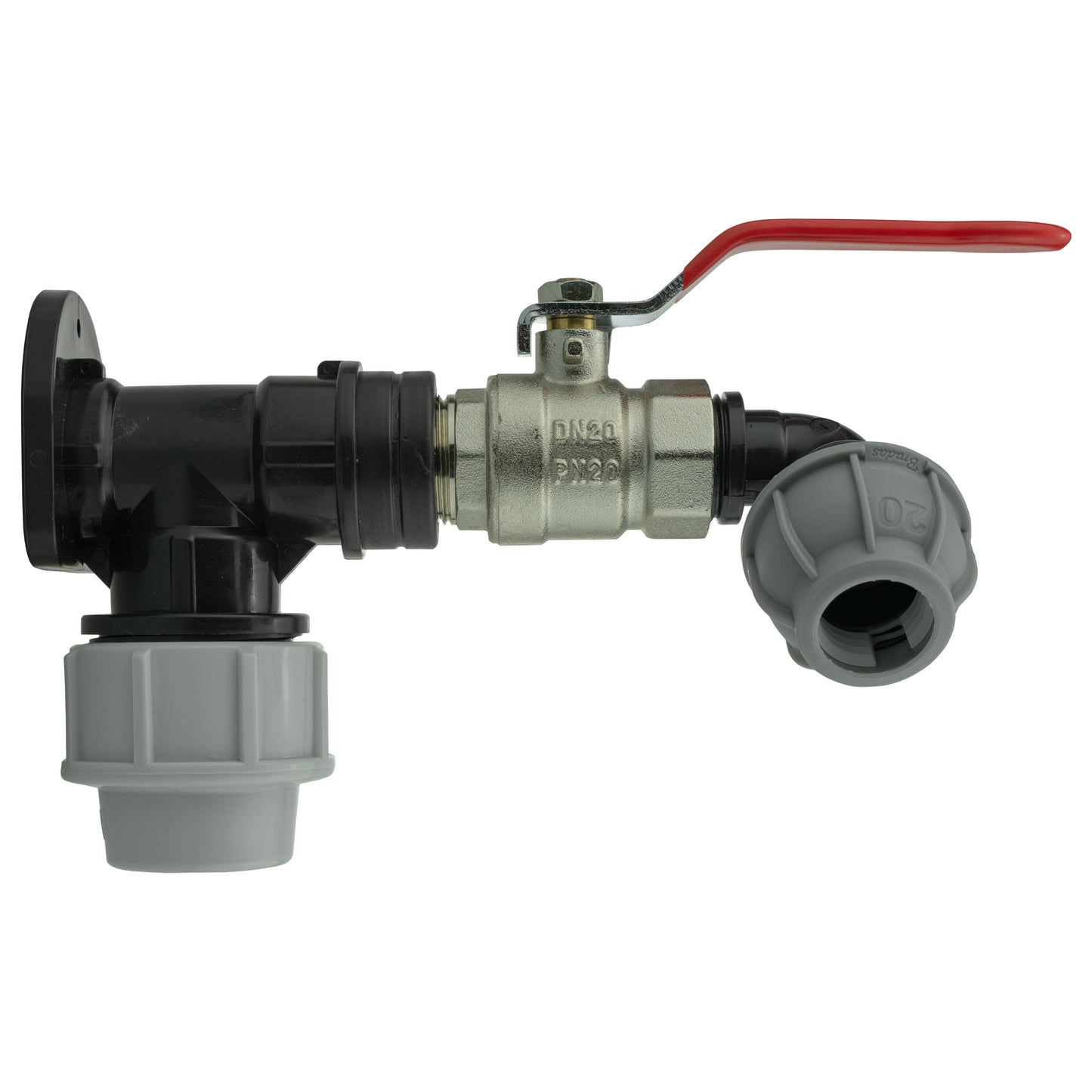 Wall Flange Kit 32mm MDPE + Lever Valve + 20mm MDPE Elbow