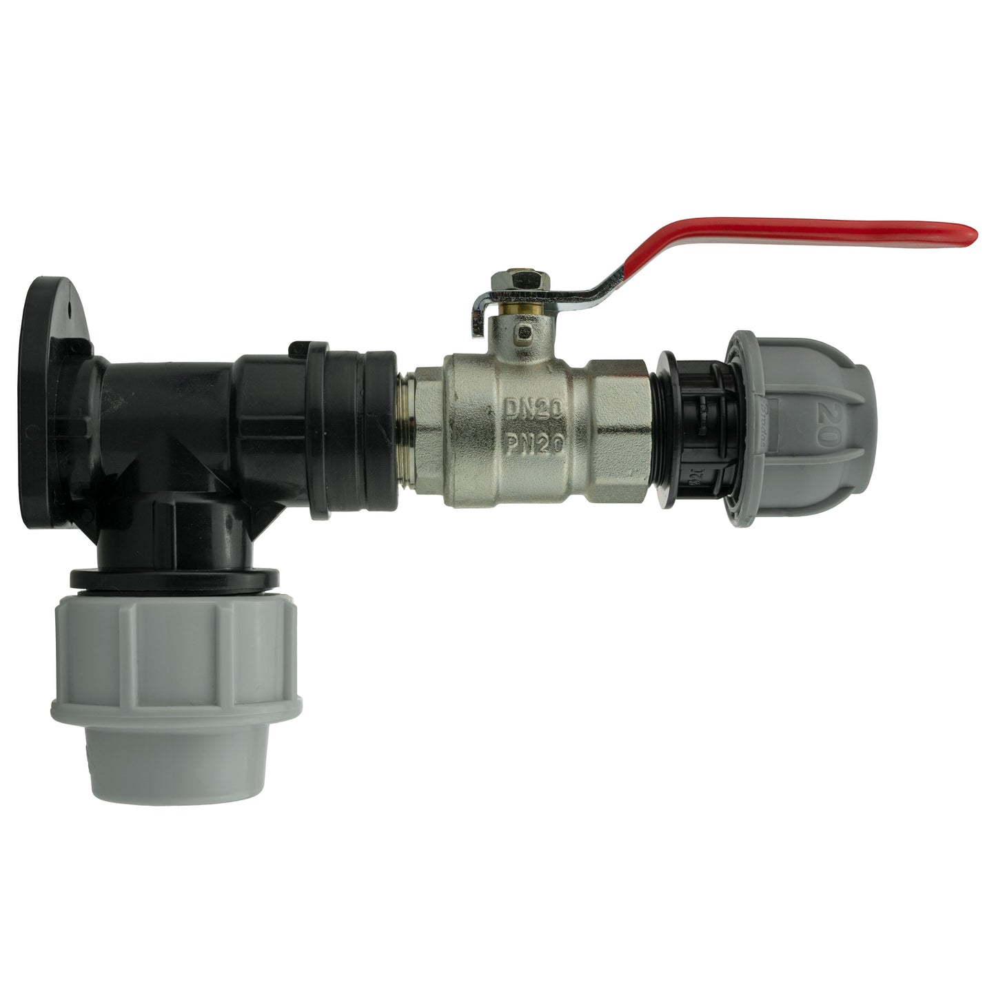 Wall Flange Kit 32mm MDPE + Lever Valve + 20mm MDPE Straight