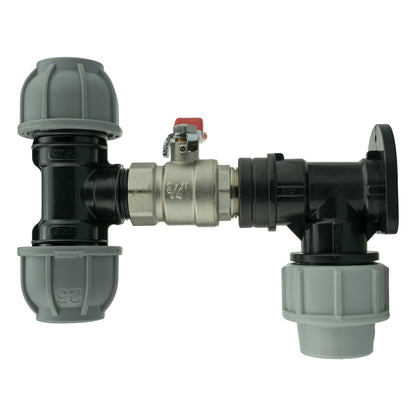 Wall Flange Kit 25mm MDPE + Lever Valve + 25mm MDPE Tee