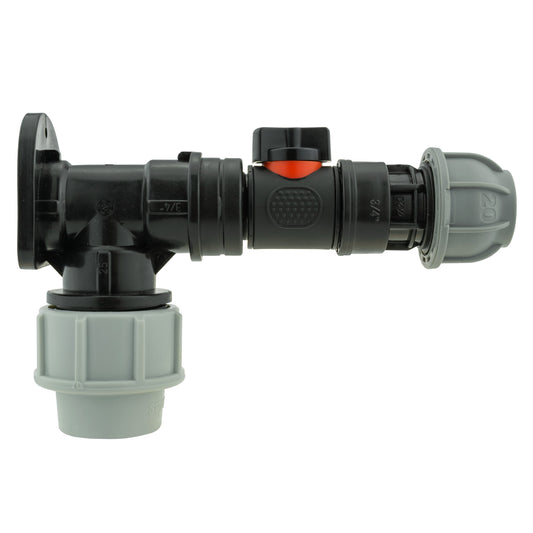 Wall Flange Kit 32mm MDPE + In-Line Valve + 20mm MDPE Joiner