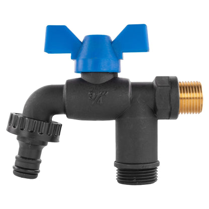 15mm Brass Wall Flange Kit with Garden Bib Double Tap Black/Blue and PTFE Tape Kit