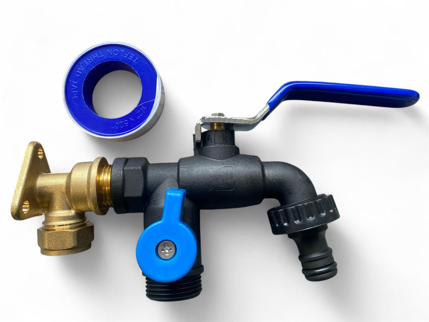 15mm Brass Wall Flange Kit with Garden Lever Double Tap Black/Blue and PTFE Tape Kit