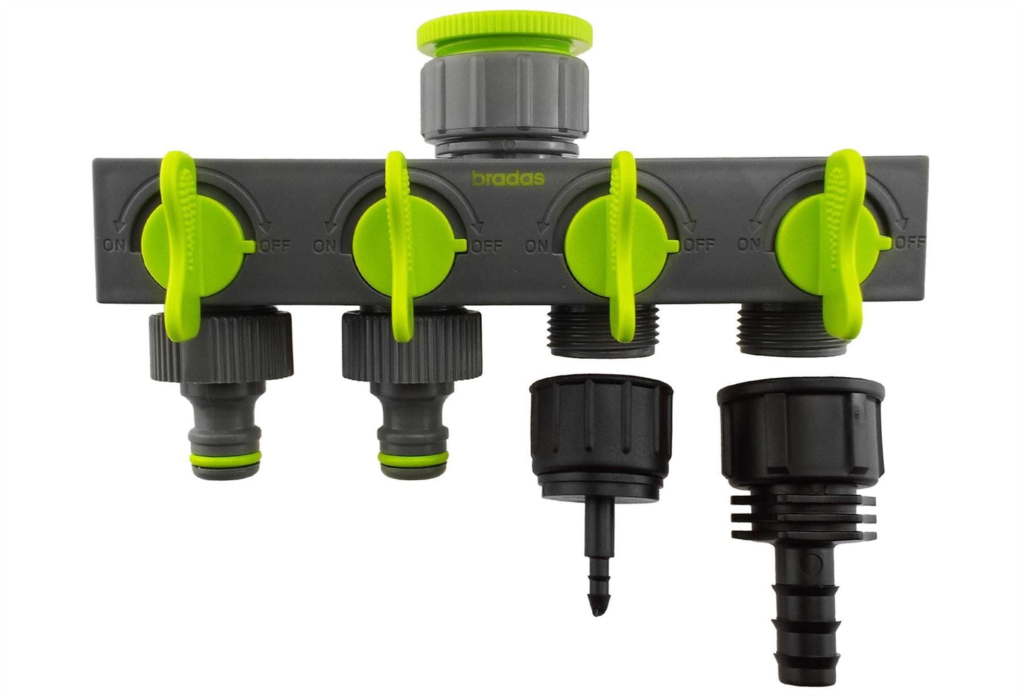 4-Way Valved Splitter Lime with Two Quick Connect, 4mm Barb and 16mm Barb Outlet