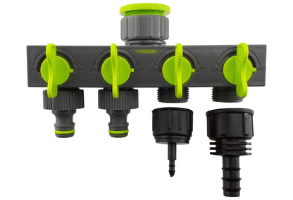 4-Way Valved Splitter Lime with Two Quick Connect, 4mm Barb and 16mm Barb Outlet
